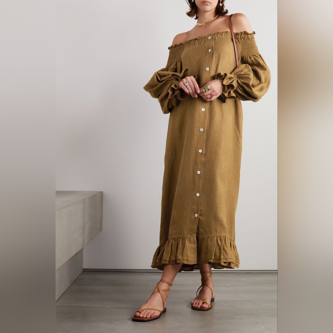 Sleeper 100% Linen Romantica Lounge Dress In Brown